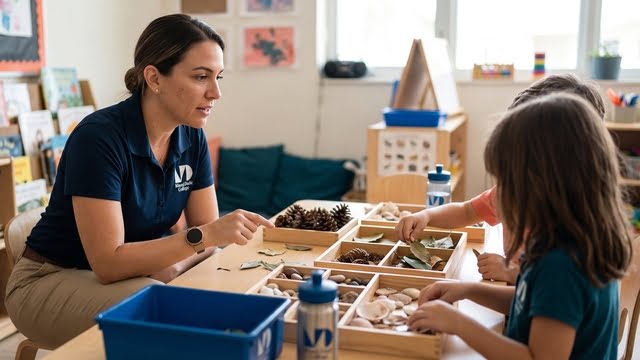 A teacher working with young children at a classroom table
