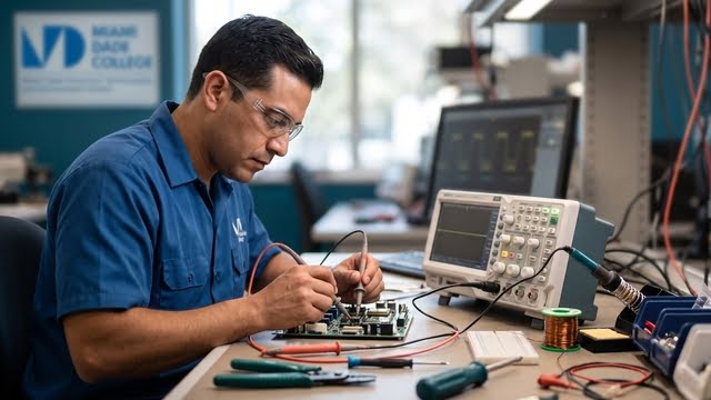 A student testing electronic equipment in an engineering lab