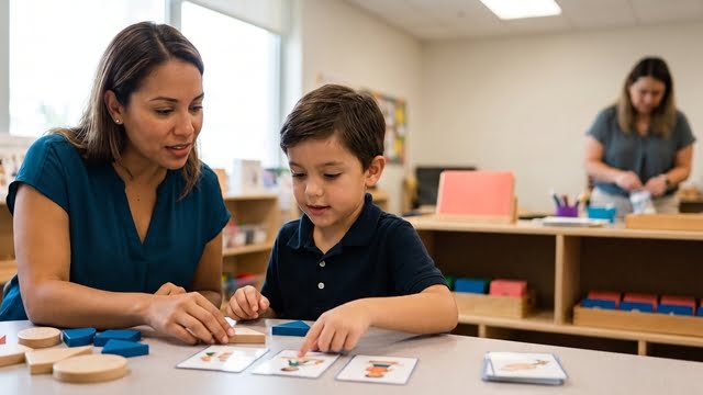 A teacher helping a student with a classroom activity