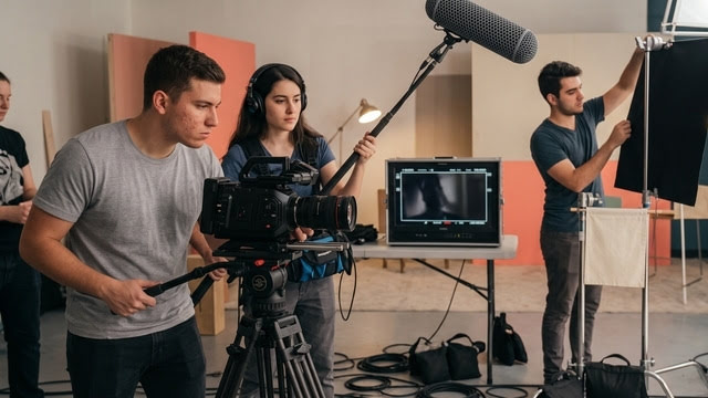 A film crew recording a production in a studio