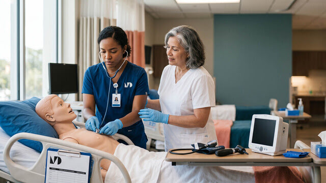 Health sciences students in a clinical training lab