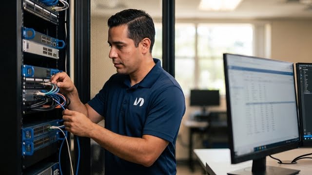 A student working at a server rack in a technology lab