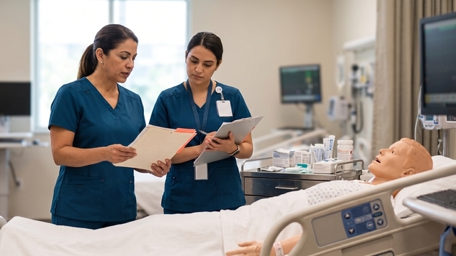 Nursing students working with a patient in a clinical lab
