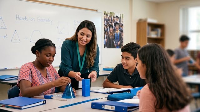 A math teacher working with students at a whiteboard