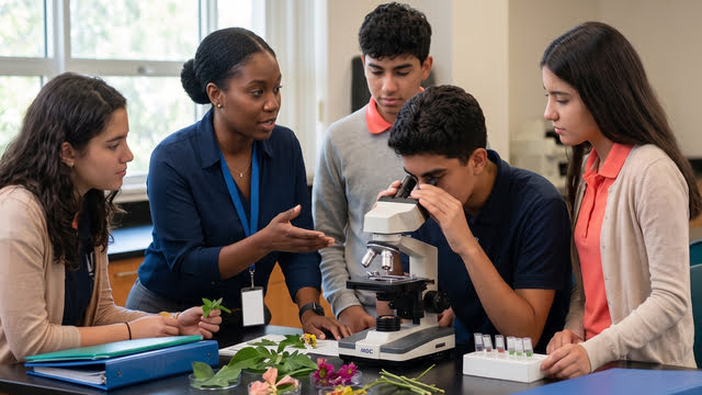Students looking through microscopes in a biology class